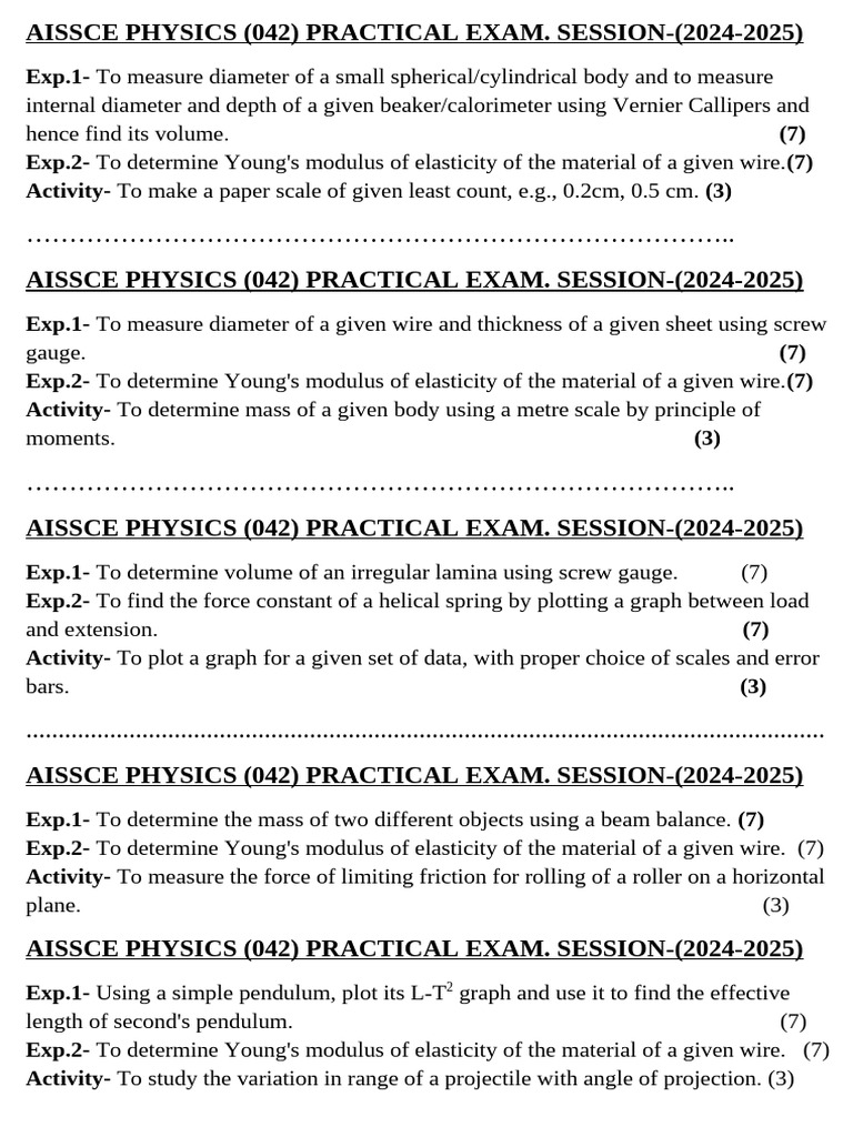 AISSCE Physics Practical Exam Guide 2024-25 | PDF | Young's Modulus ...
