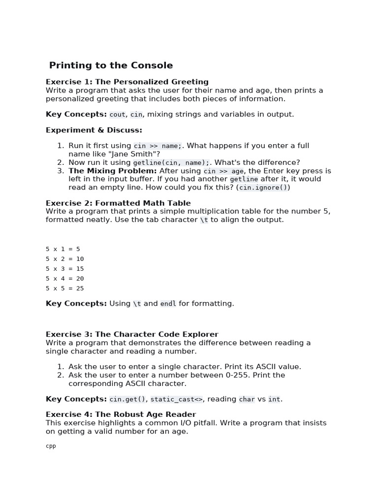 Console Programming Exercises in C++ | PDF | Computer Engineering ...