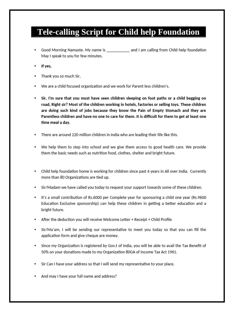 Tele-calling Script for Child Help Foundation | PDF