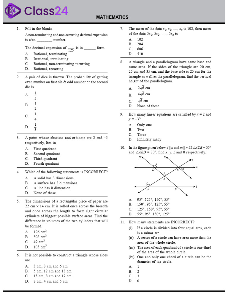 Mathematics Class 9 IMO Practice Questions | PDF | Area | Circle