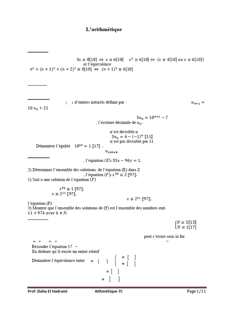Exercices d'Arithmétique 7C 2025-2026 | PDF | Entier naturel | Nombre ...
