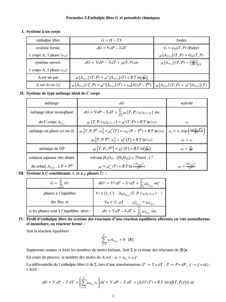 Enthalpie libre et potentiels chimiques | PDF | Physique appliquée et ...
