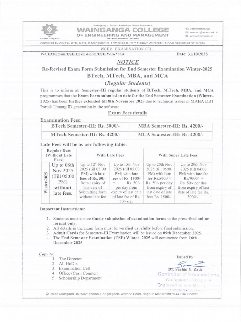 Revised Exam Form Submission For End Semester Examination Winter-2025 | PDF