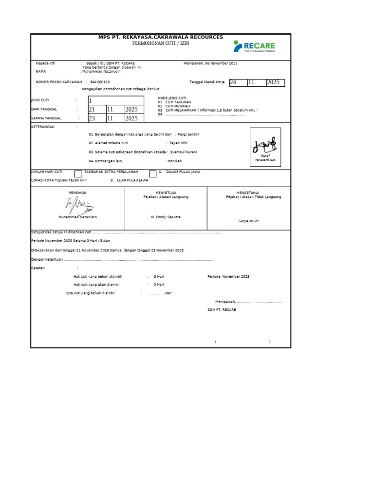 Form Cuti Karyawan Recare New-1 | PDF