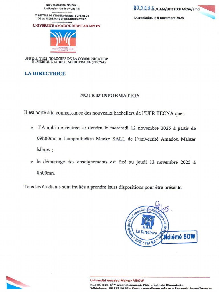Note D'information Amphi de Rentree | PDF