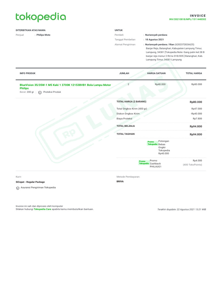 Invoice Pembelian Lampu Motor Philips | PDF