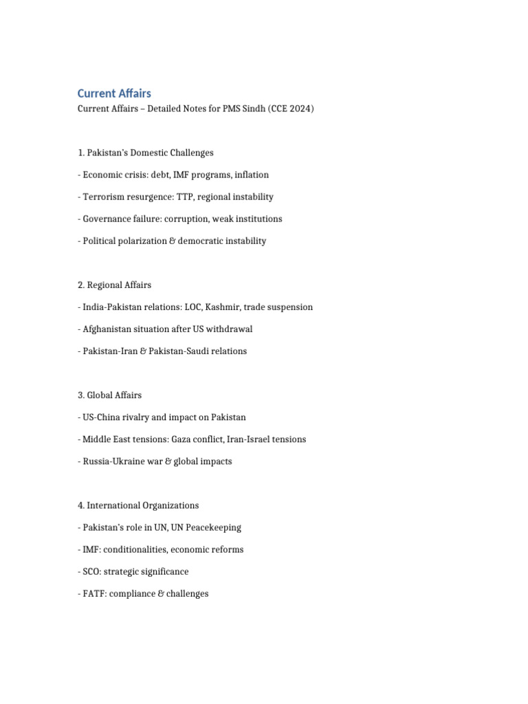 Current Affairs Notes for PMS Sindh 2024 | PDF