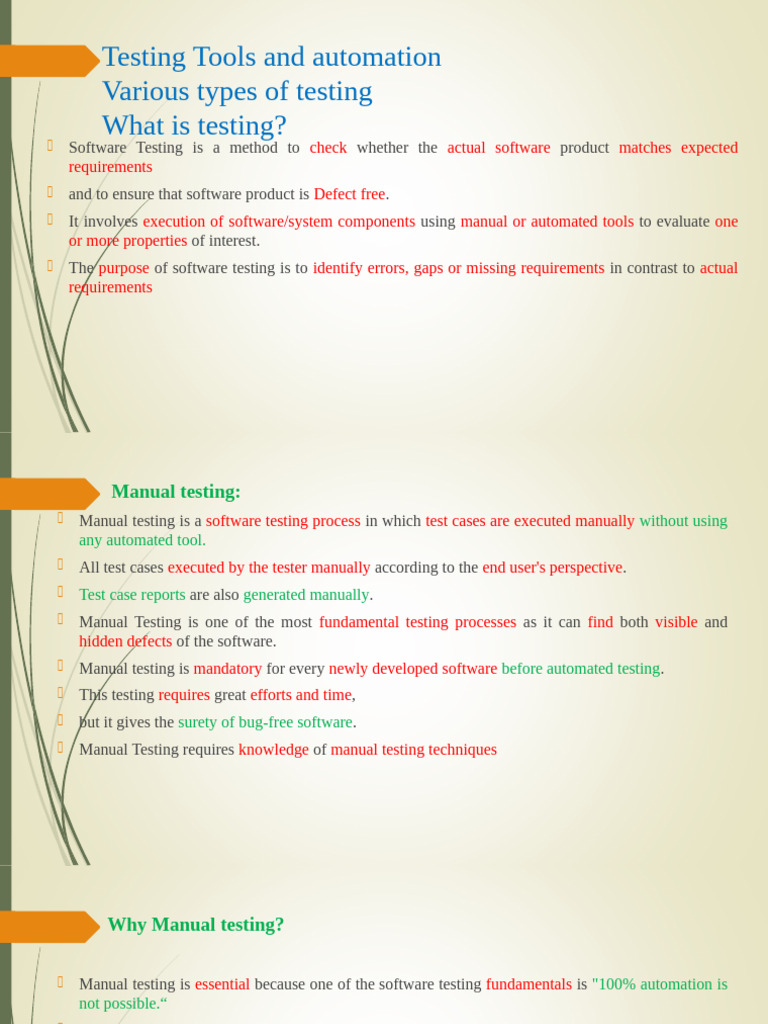 Manual and Automation Testing Overview | PDF | Software Testing | Unit ...