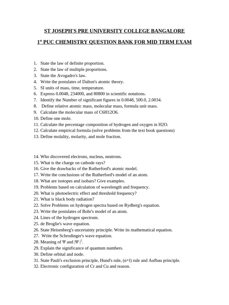 chem question bank 1st pu | PDF | Chemical Polarity | Chemical Bond