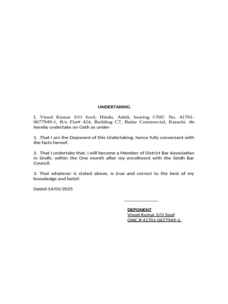 Vinod Kumar's Bar Association Undertaking | PDF