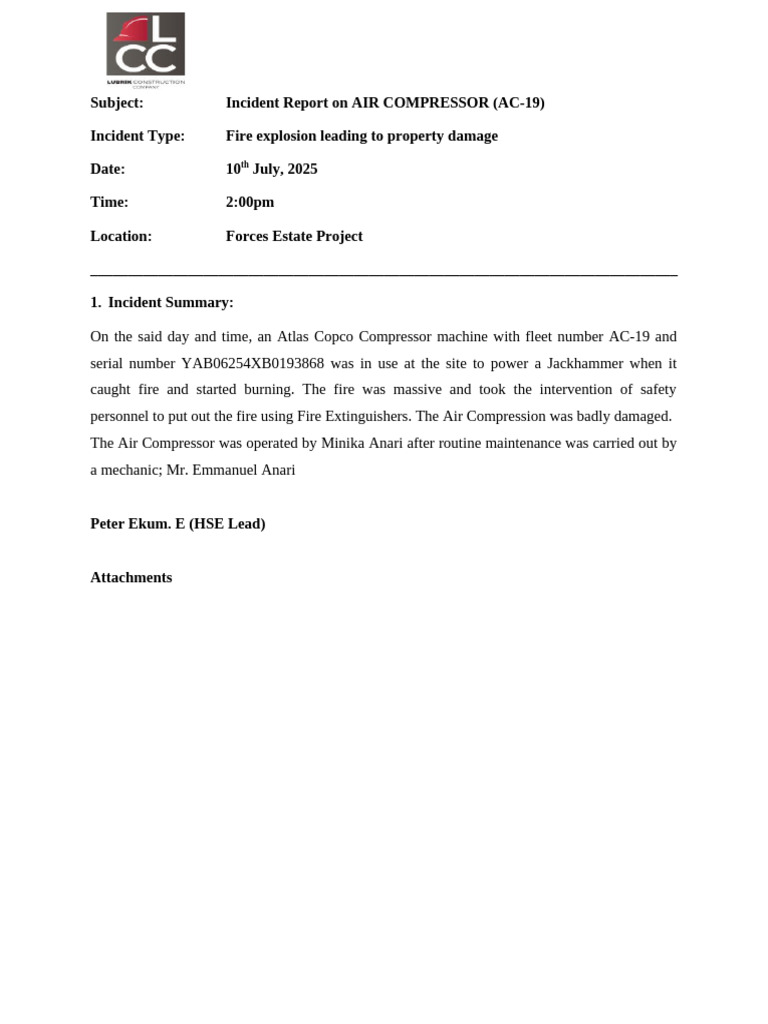 Air Compressor Fire Incident Report | PDF