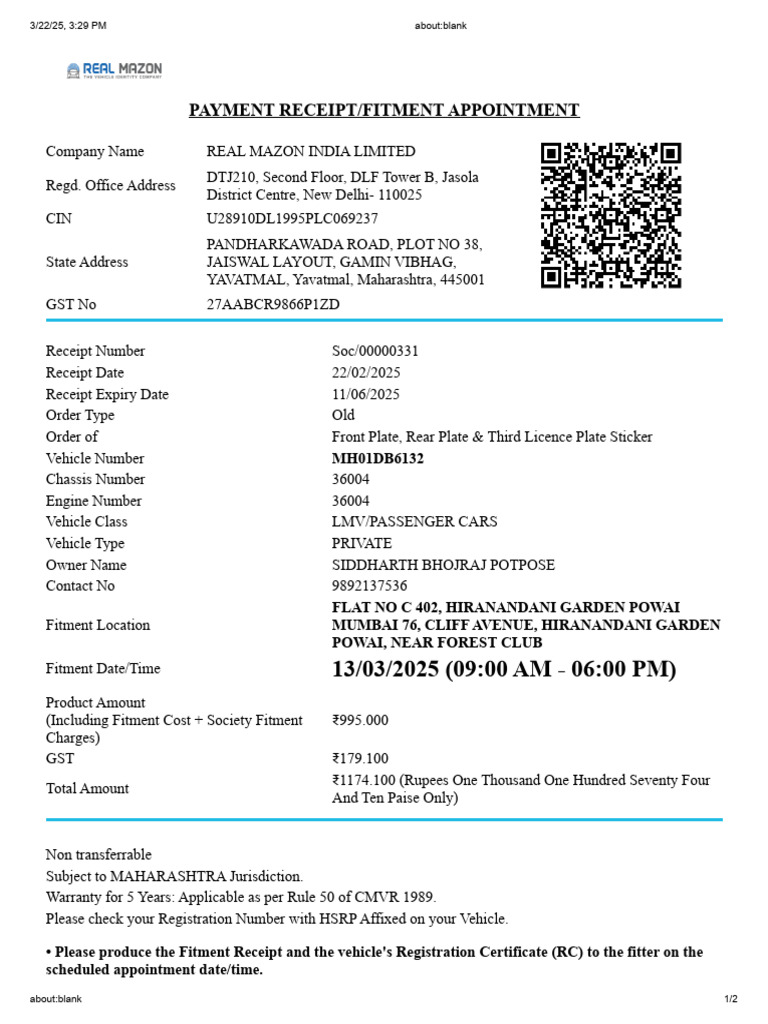 Payment Receipt for Vehicle Fitment | PDF | Road Transport | Land Transport