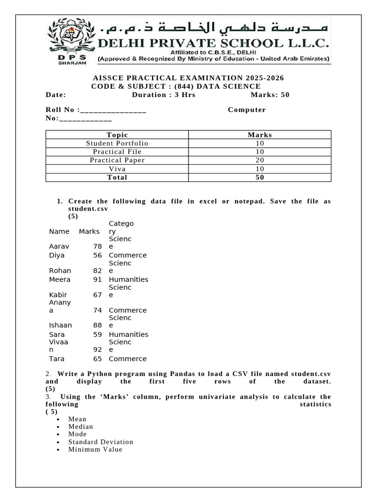 Data Science Practical Exam 2025-26 | PDF