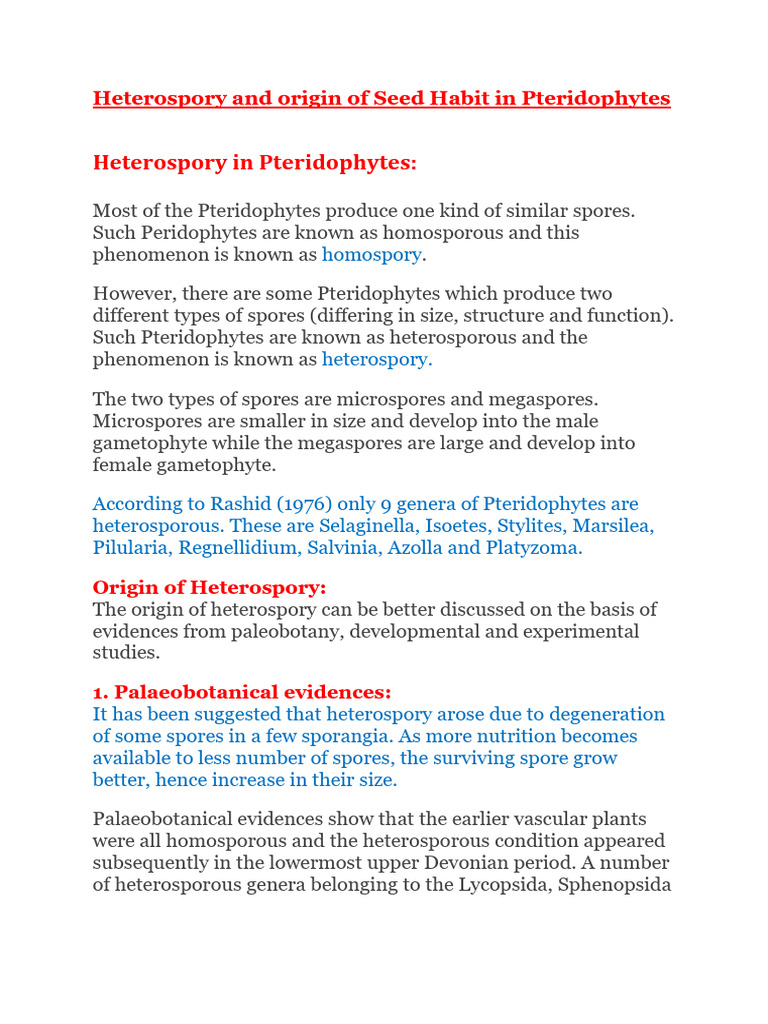 Heterospory and Seed Habit in Pteridophytes | PDF | Spore | Plants