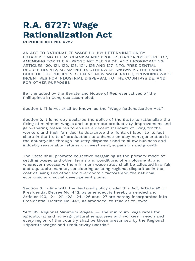 R.A. 6727 Wage Rationalization Act | PDF | Cost Of Living | Employment