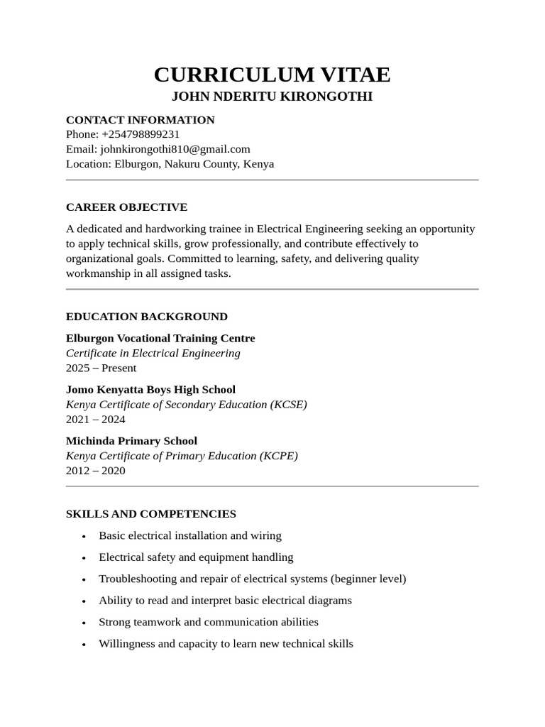 Electrical Engineering CV of John Kirongothi | PDF