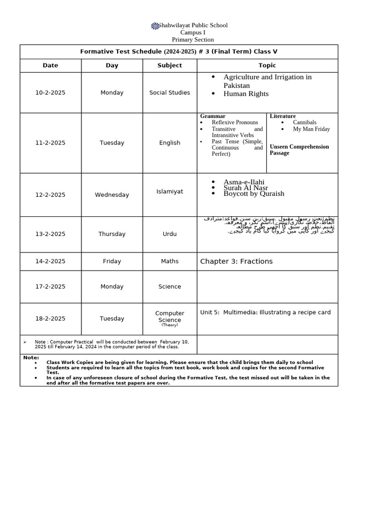Class V Formative Test Schedule 2024-25 | PDF | Linguistic Typology ...