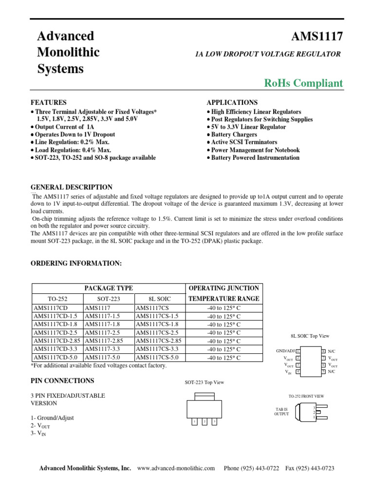 AMS1117 Low Dropout Voltage Regulator | PDF | Capacitor | Electrical ...