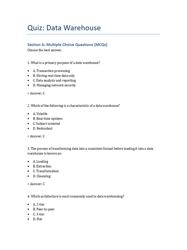 Data Warehouse Quiz: MCQs & Answers | PDF | Data Warehouse ...