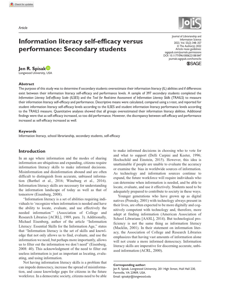 Information Literacy Self-Efficacy in Students | PDF | Information ...
