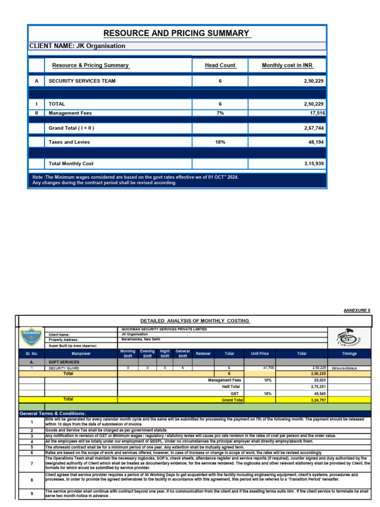 Security Services Pricing Summary | PDF | Taxes | Employment