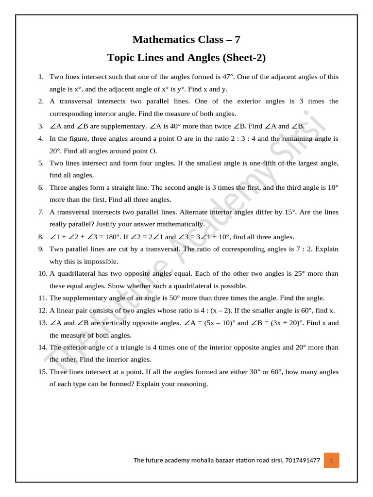 Lines and Angles Sheet 2 | PDF