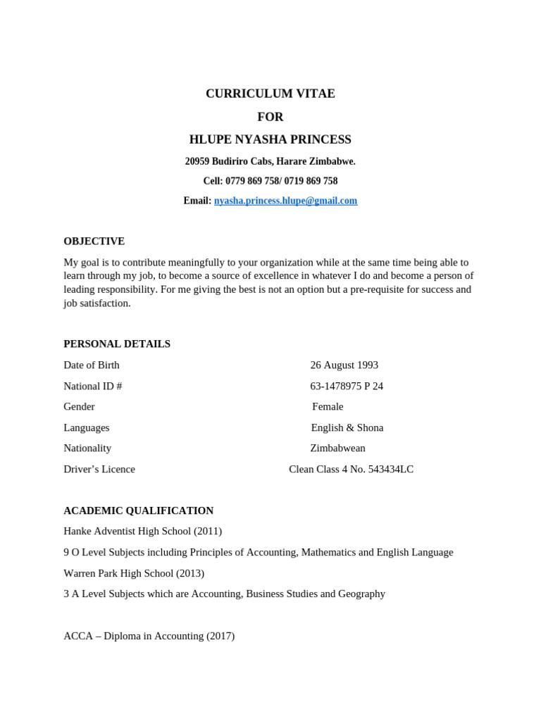 Hlupe Nyasha Princess CV | PDF