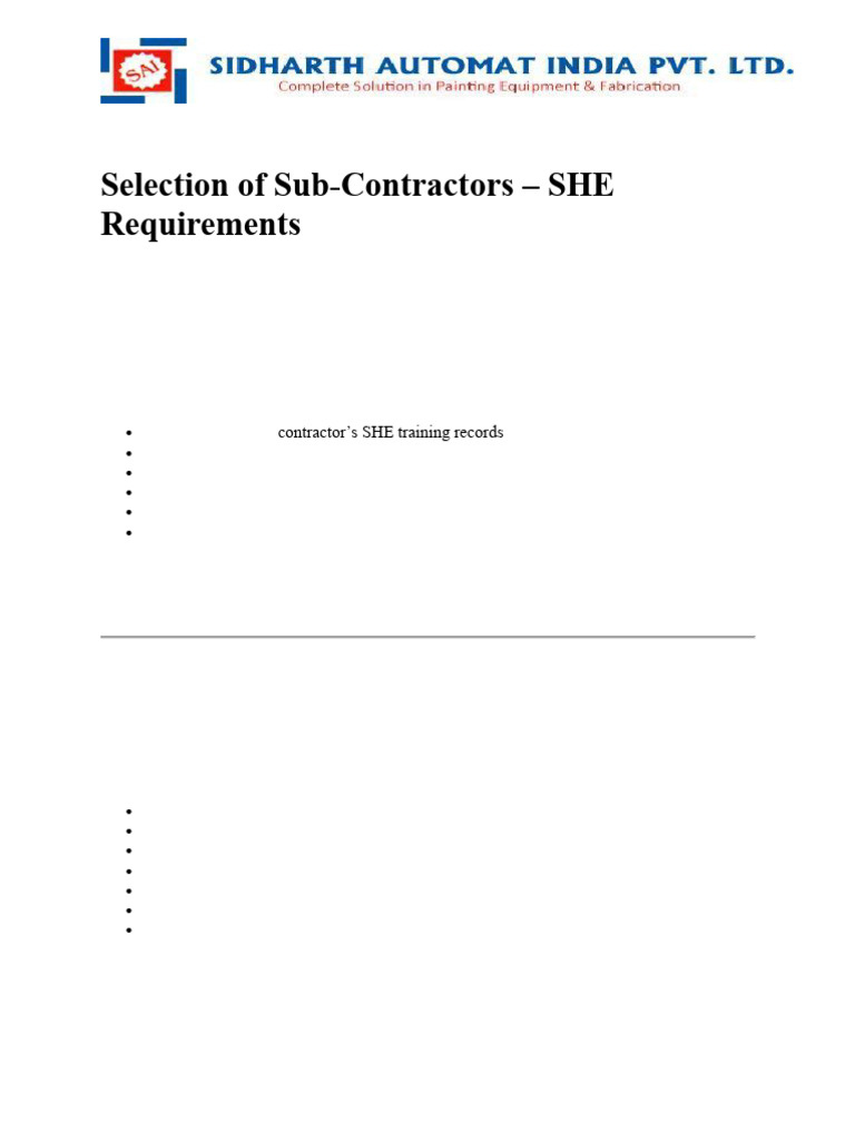 Sub Contractor Selection She Requirements | PDF