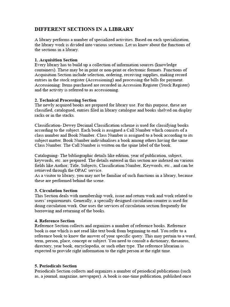 Library Sections and Their Functions | PDF | Information Science ...