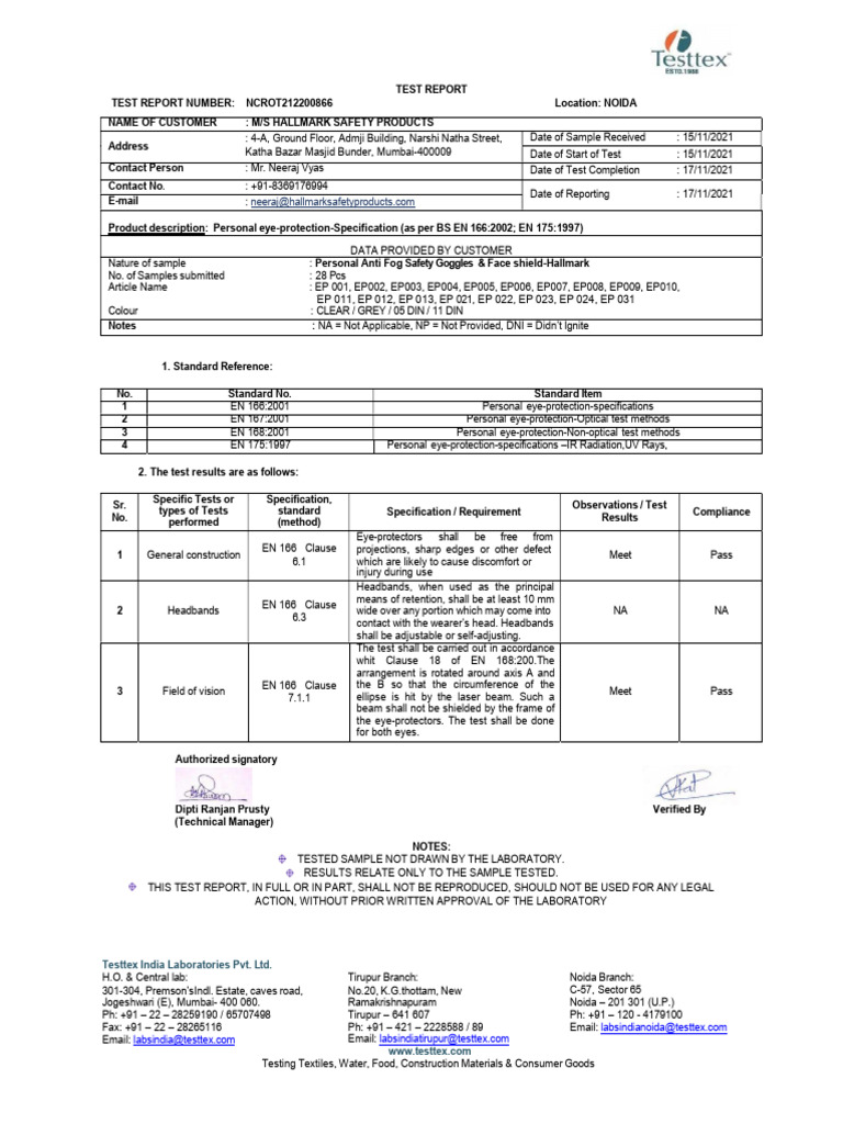 Test Report for Eye Protection Goggles | PDF | Corrosion | Fracture