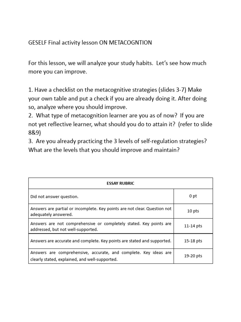 Metacognition Study Habits Analysis | PDF