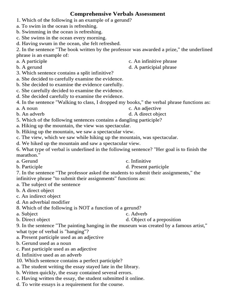 Verbals Assessment Quiz | PDF | Adverb | Syntax