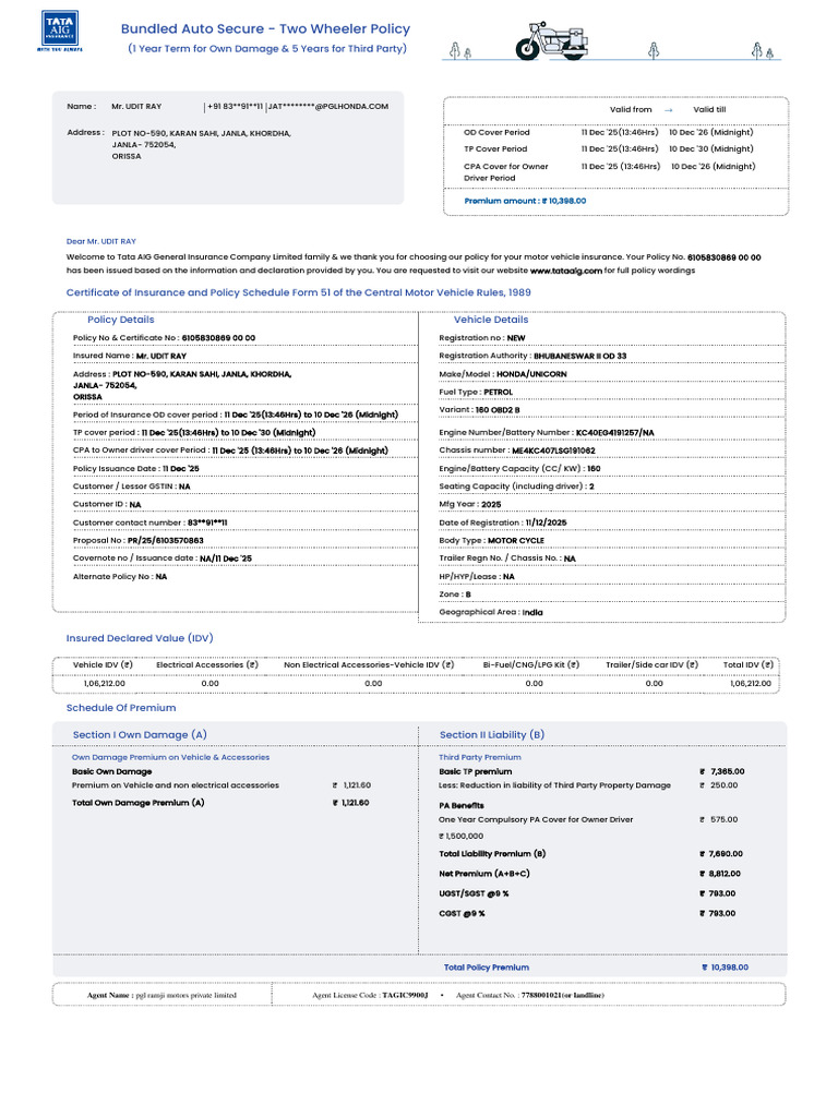 Tata AIG Motor Policy Schedule_3187_6105830869-00 | PDF | Insurance ...