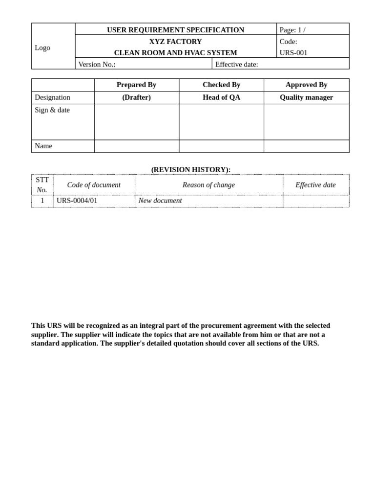 Clean Room & HVAC System URS Document | PDF | Duct (Flow) | Door