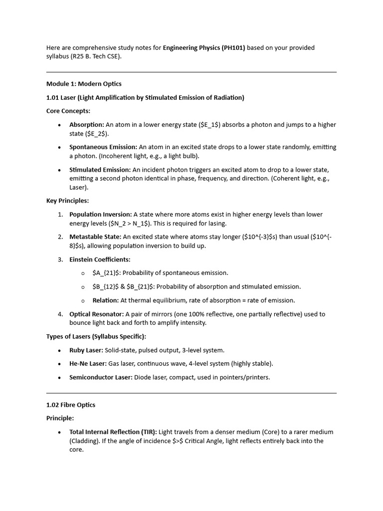 Engineering Physics PH101 Study Notes | PDF | Laser | Waves