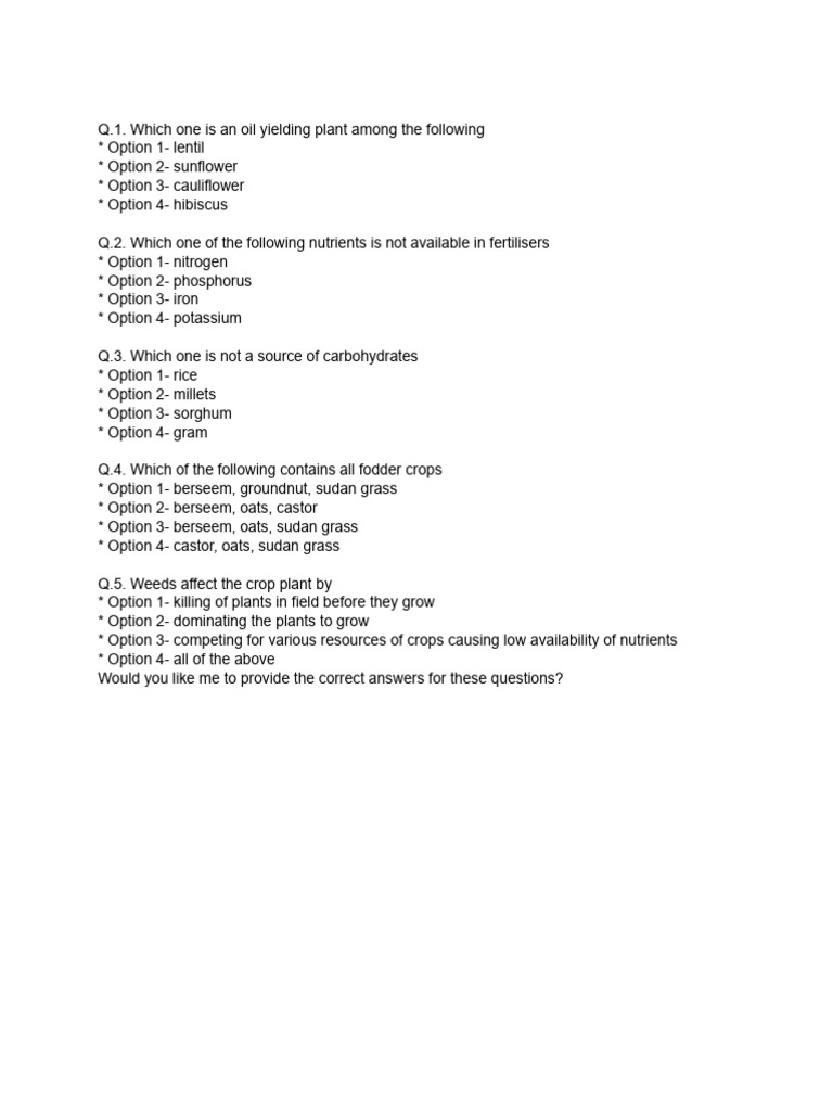 Agriculture Quiz: Crop Knowledge Test | PDF