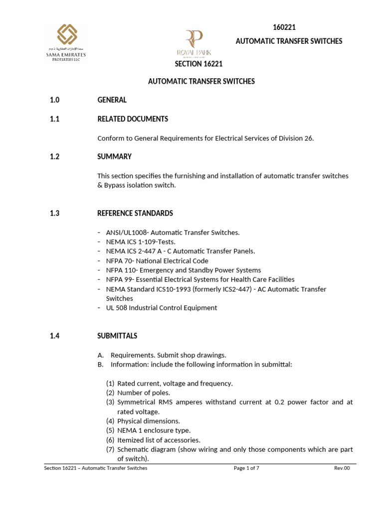Automatic Transfer Switch Specifications | PDF | Switch ...