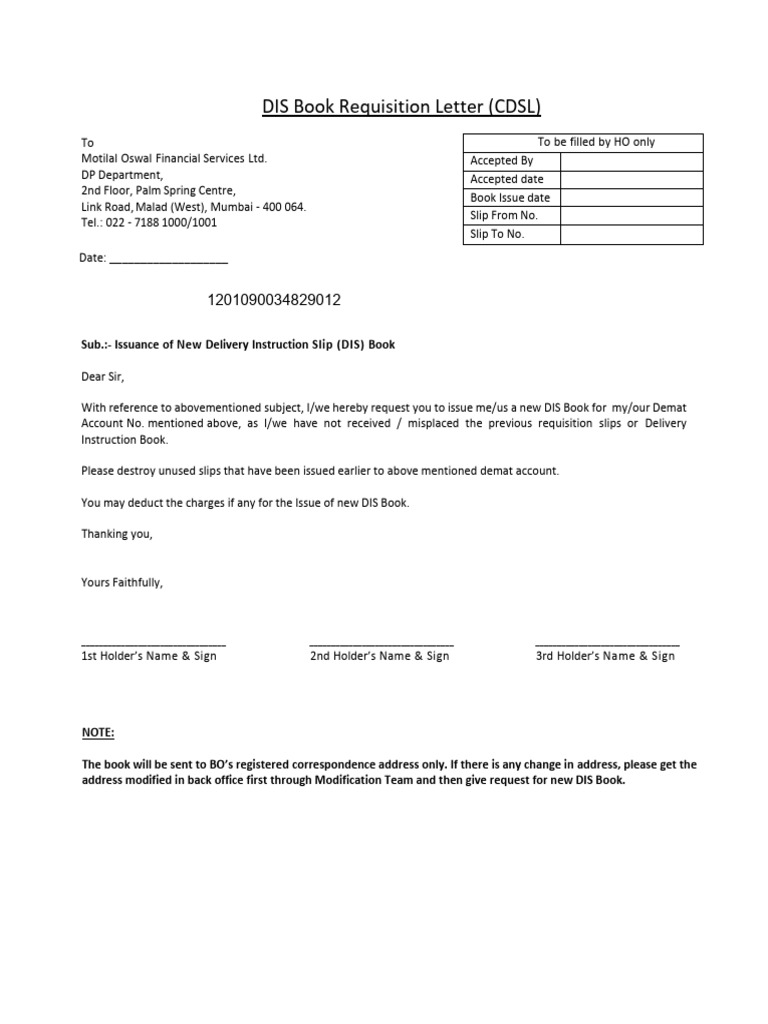 DIS Book Requisition Letter_CDSL_14.09.2022 | PDF