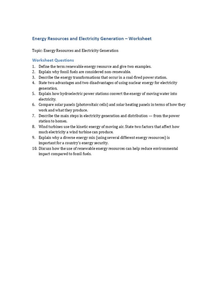 Energy Resources & Electricity Generation Worksheet | PDF
