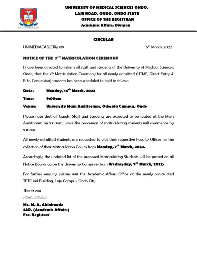 7th Matriculation Notice | PDF