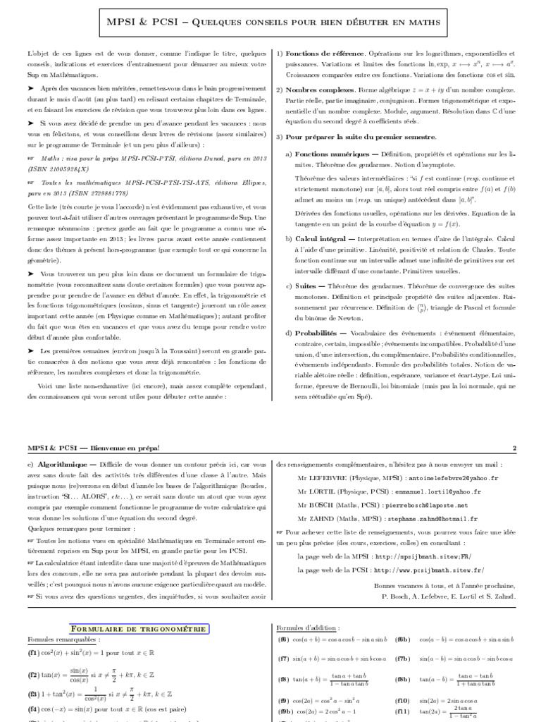 Conseils pour réussir en MPSI-PCSI | PDF | Fonction trigonométrique ...