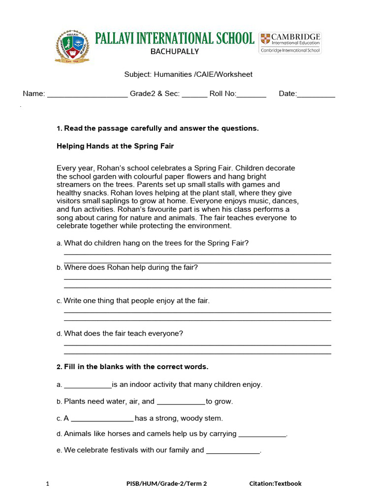 Grade 2 Humanities Spring Fair Worksheet | PDF