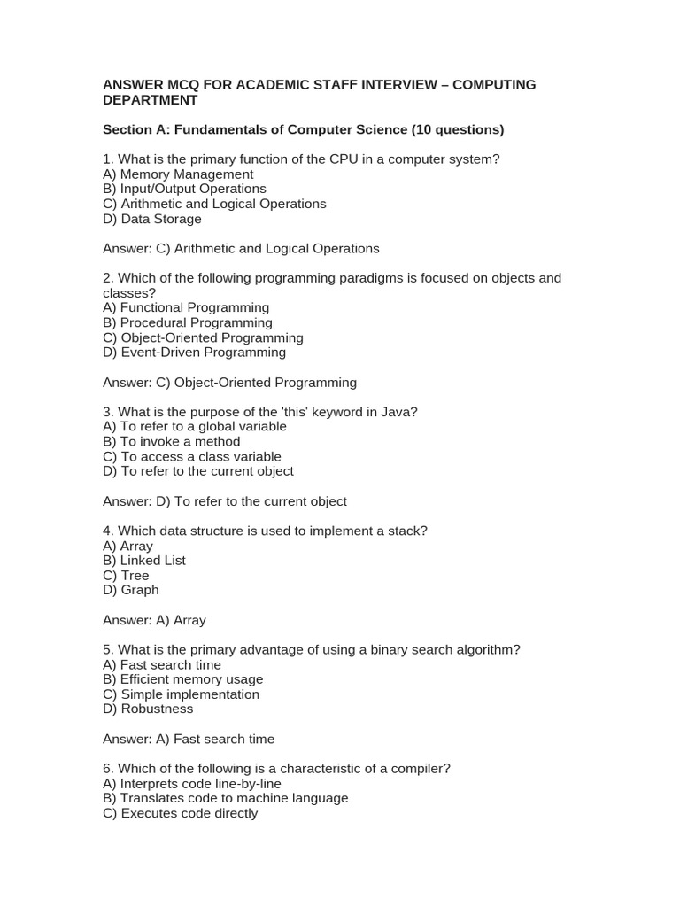 MCQ Guide for Computing Staff Interviews | PDF | Method (Computer ...