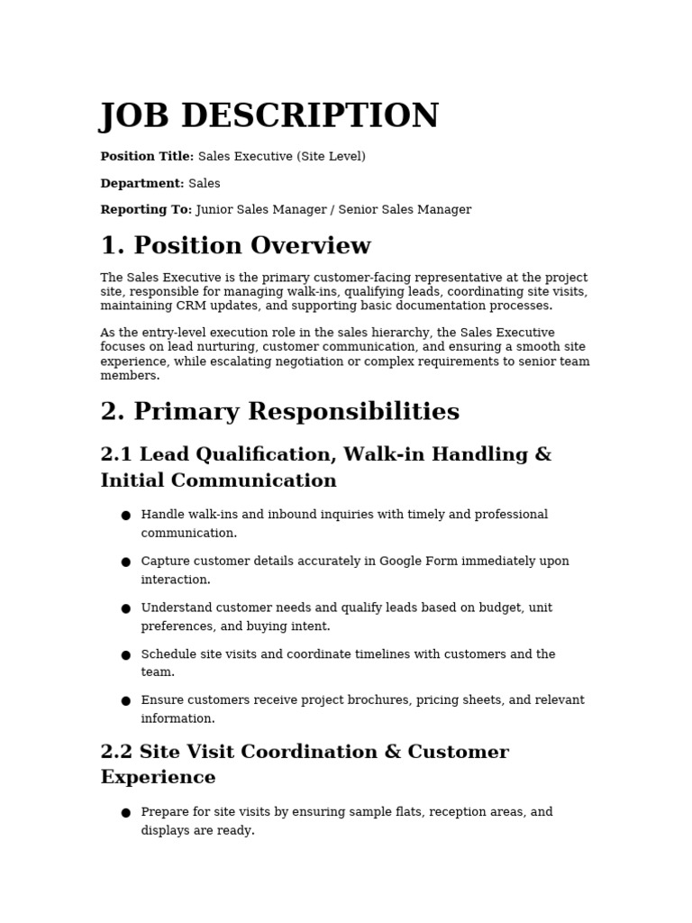 Sales Executive Site Level JD | PDF | Customer Relationship Management ...