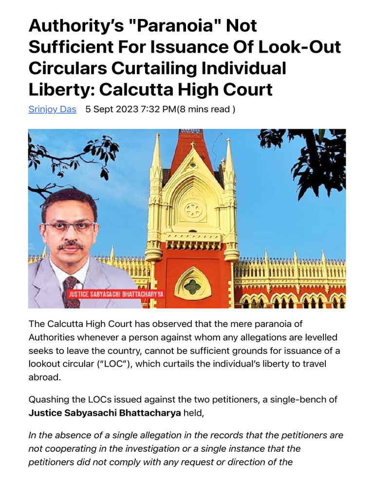 Calcutta HC Quashes Look-Out Circulars | PDF | Bail | Public Law