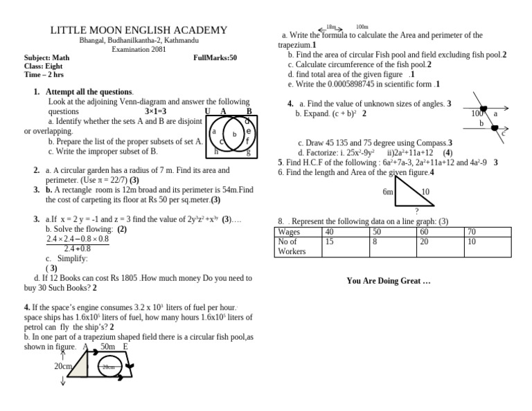 Math Exam Paper for Class Eight | PDF | Area | Elementary Geometry