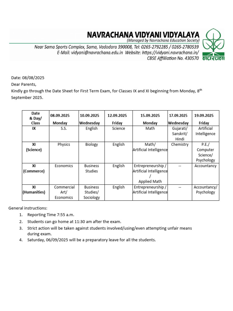First Term Exam Date Sheet for IX & XI | PDF