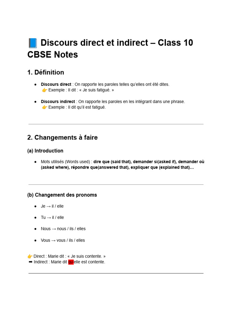 Discours direct et indirect : Guide CBSE | PDF | Verbe | Sémantique