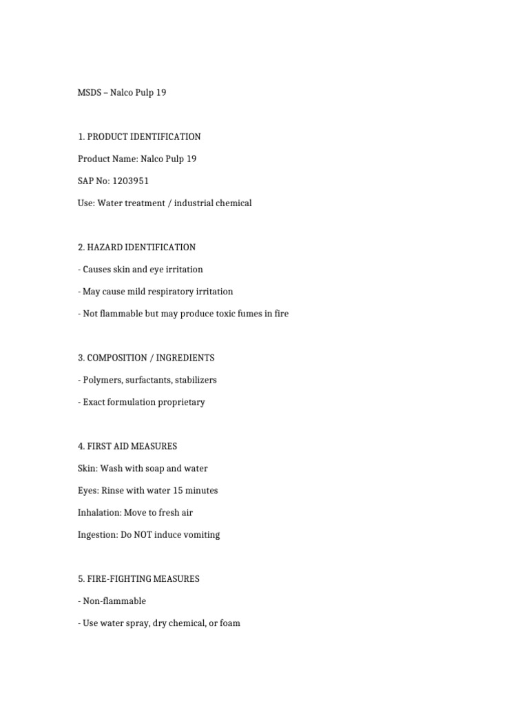 Nalco Pulp 19 MSDS | PDF