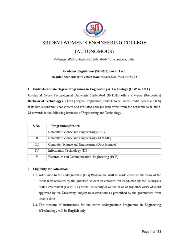 B.Tech Academic Regulations 2022-23 | PDF | Course Credit | Academic Term